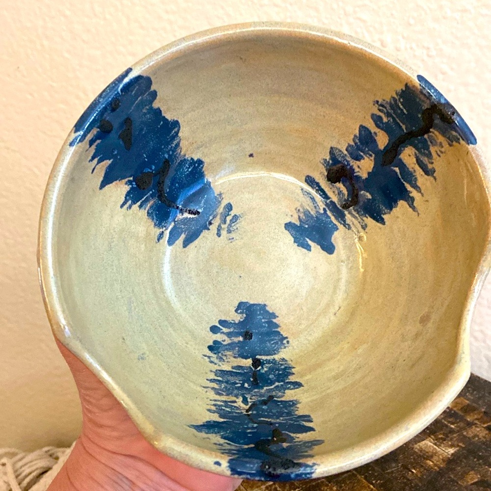 Vintage 80s Signed B E Artisan Glazed Pottery Bowl With Scoop Edges